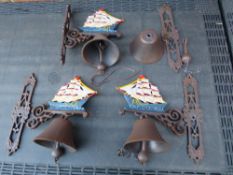 THREE CAST WALL MOUNTED SHIPS BELLS ETC