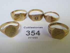 FIVE 9CT GOLD SIGNET RINGS, APPROX W 14.37 G