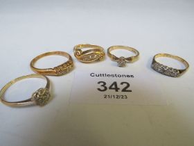 FIVE 18CT GOLD LADIES DIAMOND SET RINGS, APPROX W 12.1 G