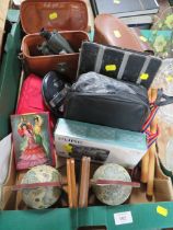 A TRAY OF COLLECTABLES TO INCLUDE BINOCULARS AND CAMERAS