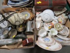 TWO TRAYS OF ASSORTED CERAMICS AND METAL WARE TO INCLUDE A SET OF DUEL BALANCE SCALES