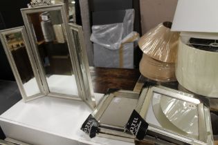 A MODERN SILVER TRIPLE MIRROR, FOUR SMALL SILVER MIRRORS, TWO LARGER MIRRORS AND TWO PRINTS