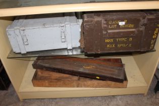 TWO WOODEN AMMUNITION BOXES AND THREE WOODEN CARPENTERS TOOL TRAYS