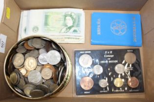 A BOX OF VARIOUS COINAGE AND PAPER MONEY