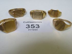 FIVE 9CT GOLD SIGNET RINGS, APPROX W 13.8 G