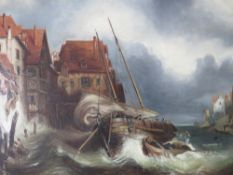 ATTRIBUTED TO CLARKSON FREDERICK STANFIELD (1793-1867). A stormy Continental coastal town scene with