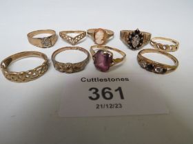 NINE LADIES 9CT GOLD DRESS RINGS, SET WITH VARIOUS STONES, TO INCLUDE ILLUSION SET DIAMOND, CAMEO