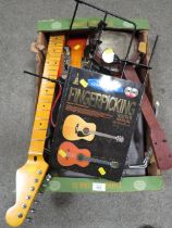 A TRAY OF ASSORTED MUSICAL INSTRUMENT PIECES TO INCLUDE A CHERRY SUNBURST GUITAR BODY AND SEPARATE