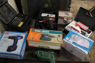 A SELECTION OF BOXED POWER TOOLS AND TWO WOODEN TOOL BOXES ETC