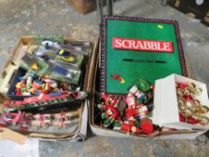 A SELECTION OF TOYS AND CHRISTMAS DECORATIONS