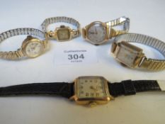 A VINTAGE LADIES 14CT GOLD SPERA WRISTWATCH ON PLATED EXPANDING BRACELET, ALONG WITH FOUR 9CT GOLD