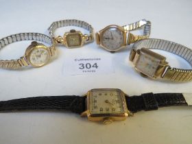 A VINTAGE LADIES 14CT GOLD SPERA WRISTWATCH ON PLATED EXPANDING BRACELET, ALONG WITH FOUR 9CT GOLD