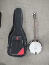A COLLINS BANJO WITH REMO WEATHERKING BANJO HEAD WITH TRAVEL CASE