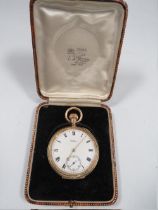 A GOLD PLATED WALTHAM OPEN FACED MANUAL WIND POCKET WATCH IN ORIGINAL BOX, TICK ON WINDING (