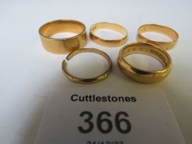 FIVE 18CT GOLD WEDDING BANDS -0 NINE A/F, APPROX W 23.73 G