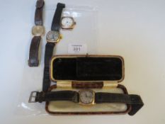 FOUR 9CT GOLD GENTLEMANS WRISTWATCHES - A WALTHAM, A RONE, AN AVIA AND THE LAST UNSIGNED,