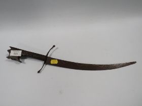 VINTAGE DAGGER WITH CARVED WOODEN HANDLE AND DECORATIVE BLADE