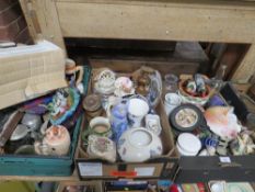 THREE TRAYS OF CERAMICS AND GLASS TO INCLUDE ASSORTED BEER STEINS, VASES ETC