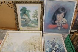 A LARGE QUANTITY OF ASSORTED PICTURES & PRINTS TO INCLUDE AN OVAL FLORAL OIL, ERIC BOTTOMLEY