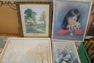 A LARGE QUANTITY OF ASSORTED PICTURES & PRINTS TO INCLUDE AN OVAL FLORAL OIL, ERIC BOTTOMLEY