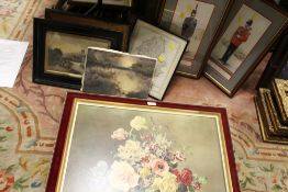 A LARGE FLORAL PRINTS & MILITARY CRICKET PICTURES ETC