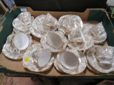 A TRAY OF VALE GILT FLORAL DESIGN CUPS AND SAUCERS ETC