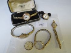 FIVE VINTAGE 9CT GOLD LADIES WRISTWATCHES, SIGNED EXAMPLES - TROJAN, EVERITE AND AVIA, FOUR ON