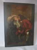 (XIX). Interior scene with seated lady and gentleman, unsigned, oil on canvas, unframed, 87 x 61 cm