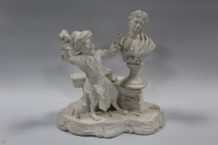 A PARIAN STYLE WARE FIGURE OF A MONKEY CHISELING A BUST OF A LADY