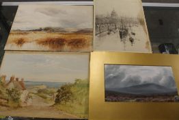 A JOHN KEELEY WATERCOLOUR, MASTERS WATERCOLOUR, ROWLAND LANGMAID ENGRAVING & ANOTHER WATERCOLOUR (4)