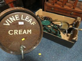 A TRAY OF ASSORTED METAL WARE TO INCLUDE GRADUATING FRYING PANS, SHERRY BARREL FRONT WITH TAP