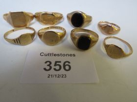 EIGHT 9CT GOLD SIGNET RINGS, TWO SET WITH BLACK STONES, SOME A/F, APPROX W 17.37 G