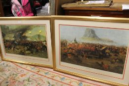 TWO FRAMED AND GLAZED LIMITED EDITION MILITARY PRINTS , DEFENCE OF ROOKES DRIFT AND ISANDHLWANA BOTH