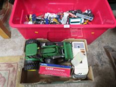 A LARGE PLASTIC CONTAINER OF DIE CAST VEHICLES TOGETHER WITH A TRAY OF LARGER TOY VEHICLE