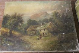 WILLIAM E. ELLIS (1829-1891). A mountainous wooded landscape with cottage, figures and cattle,