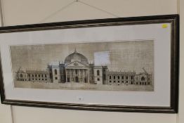A LARGE FRAMED ARCHITECTURAL PRINT 'DESIGN FOR A PALACE IN THE COUNTY OF OXFORDSHIRE', 28 X 89 CM (
