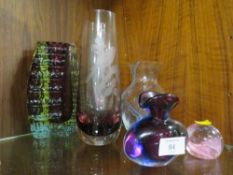 A SELECTION OF STUDIO GLASS VASES ETC