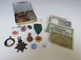 A QUANTITY OF COINS, NOTES, BADGES, MEDALS ETC (20)