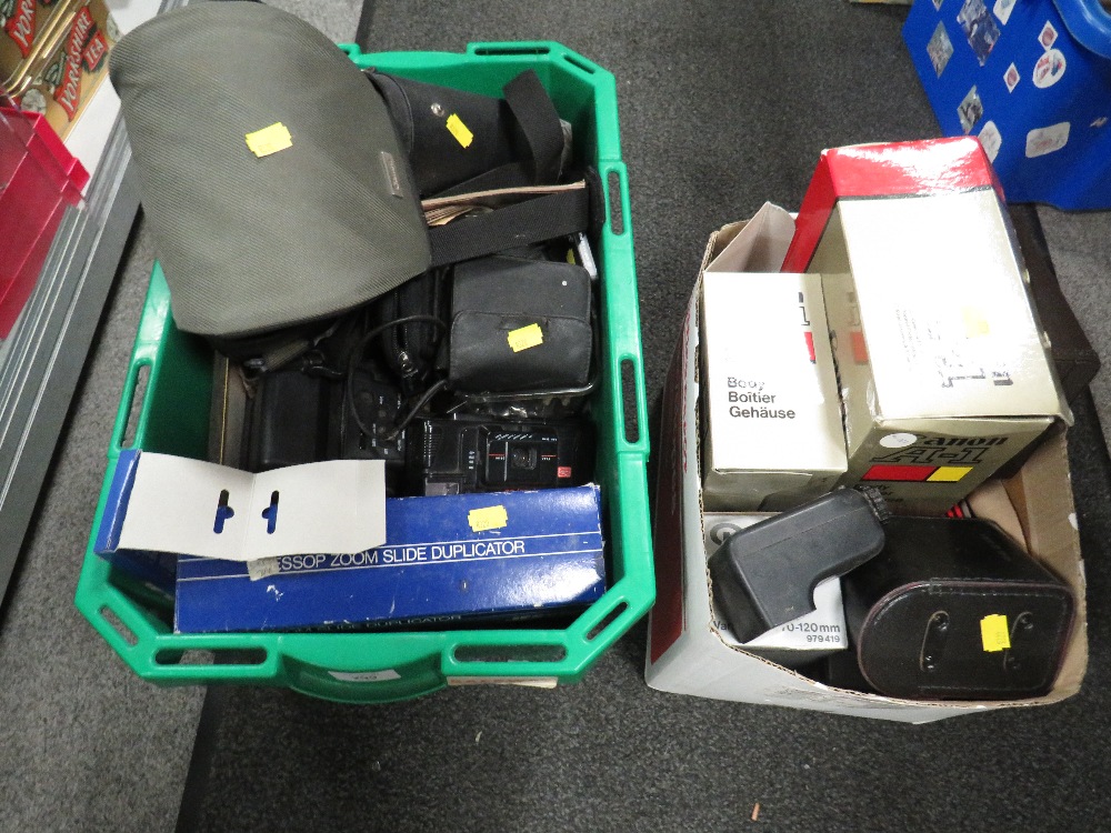 TWO TRAYS OF ASSORTED CAMERAS AND PHOTOGRAPHIC EQUIPMENT