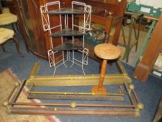 THREE VINTAGE BRASS/CAST FIRE FENDERS, RETRO CORNER STAND AND WOODEN STAND (5)