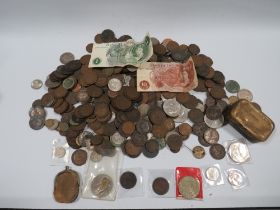 A SELECTION OF OLD COINS PLUS A £1 NOTE AND A 10/- NOTE