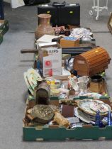 FIVE TRAYS OF ASSORTED CERAMICS, GLASS AND SUNDRIES TO INCLUDE ART- DECO PLATES LARGE CERAMICS VASES