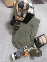 BRITISH ARMY WIRELESS BATTERY BOX, WW2 FRENCH TC38 GAS RESPIRATOR & DISPLAY STAND AND TWO WW2