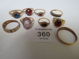 NINE LADIES 9CT GOLD DRESS RINGS, SET WITH VARIOUS STONES, TO INCLUDE SAPPHIRE, GARNET & TIGERS ETC,