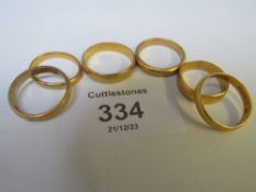 SIX 22 CT GOLD PLAIN WEDDING BANDS, APPROX. W 23.6 G