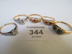 FIVE ASSORTED LADIES 18CT GOLD DRESS RINGS, TO INCLUDE RUBY & DIAMOND SET, SPINEL CROSS OVER TYPE