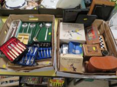 TWO TRAY OF ASSORTED SUNDRIES TO INCLUDE BOX VINERS CUTLERY, CHESS SETS, MOBILE PHONE ETC