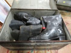 VINTAGE TINNED TRUNK CONTAINING FIVE PAIRS OF CAVALRY OFFICERS LEATHER MESS BOOTS