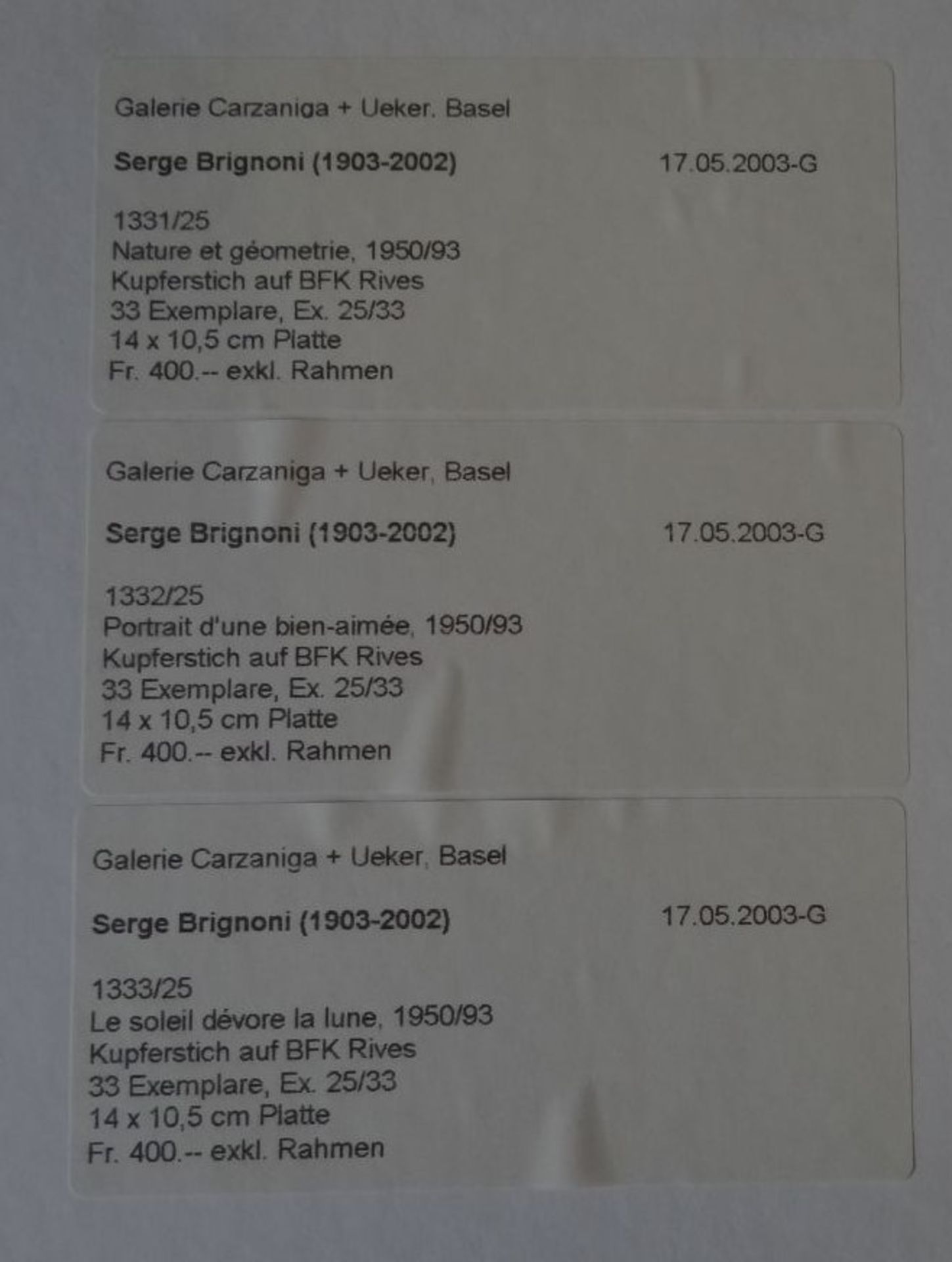 Serge BRIGNONI (1903-2002) 3x Kupferstiche in 33-er Auflage, alle in einem Rahmen, verso Galerie-A - Image 9 of 10