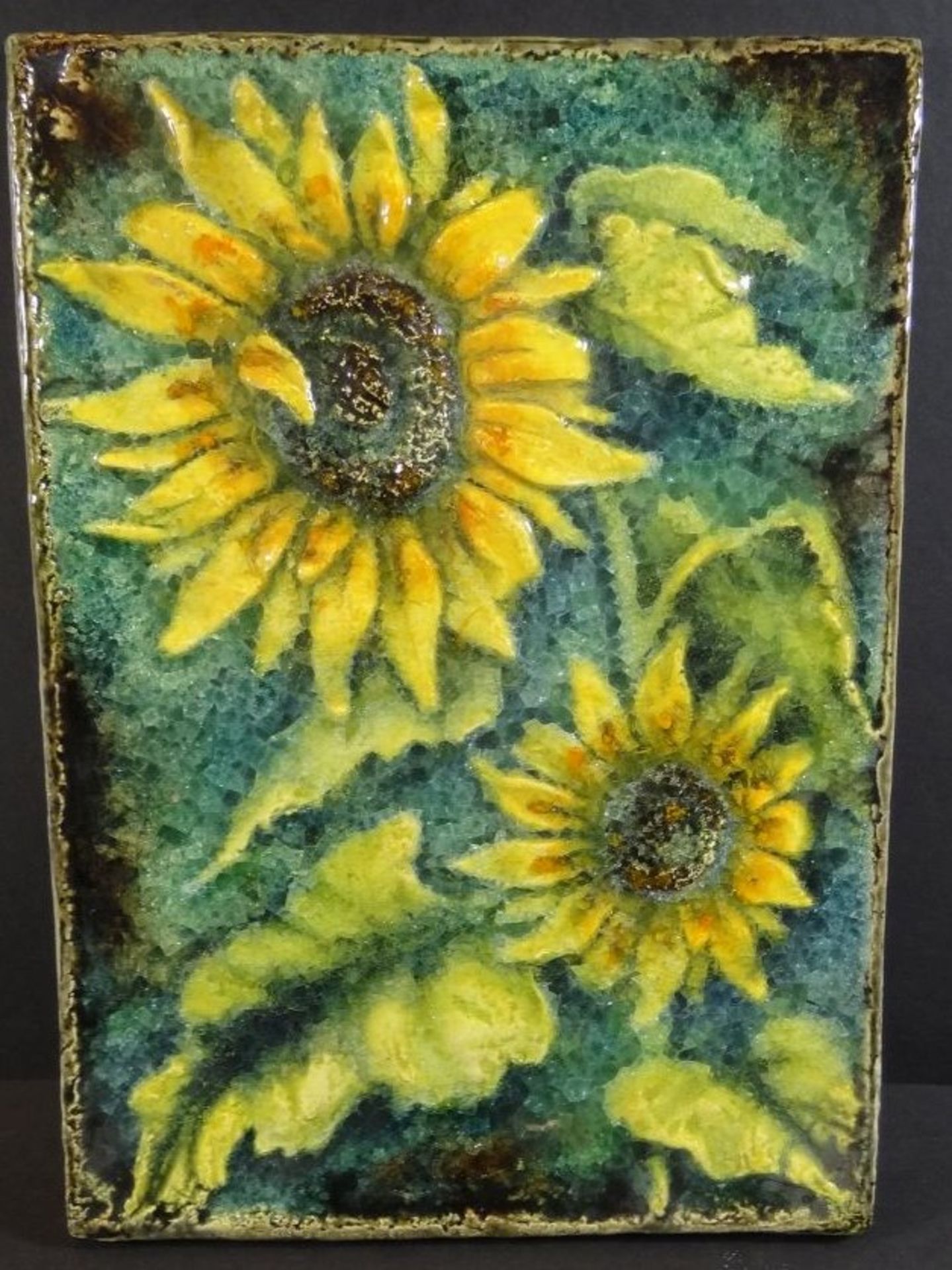 gr. Fliese "Karlsruher Majolika", mit Sonnenblumen, 33x24 cm